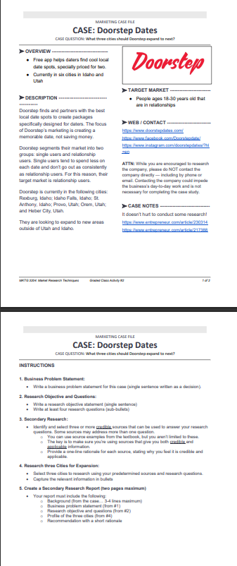 MARKETING CASE FILE CASE: Doorstep Dates CASE QUESTION: What three cities