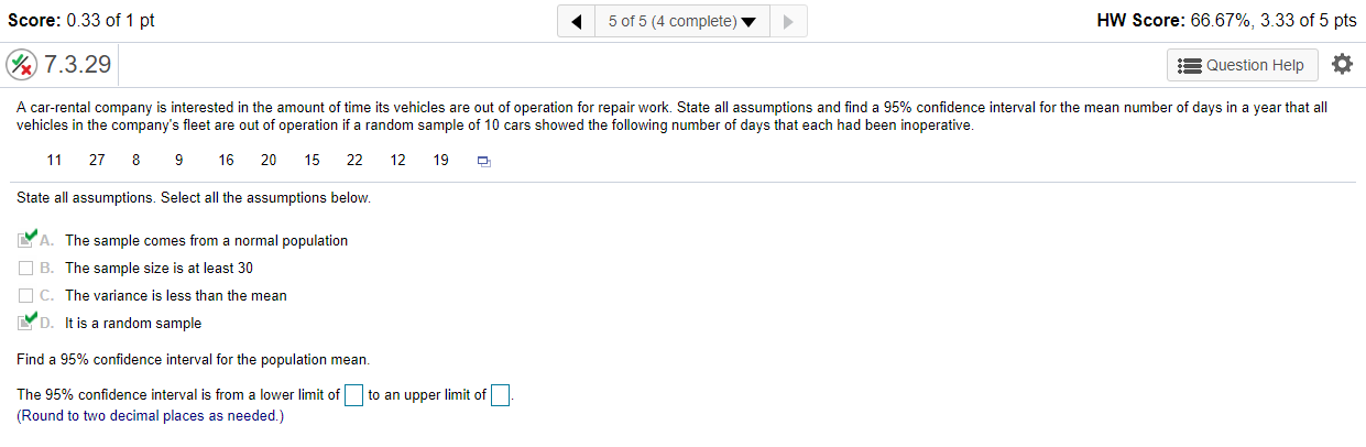 Find a 95% confidence interval for the population mean. Score: 0.33 of