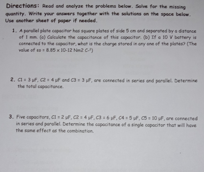 Problem Solving Directions: Read and analyze the problems below. Solve for the