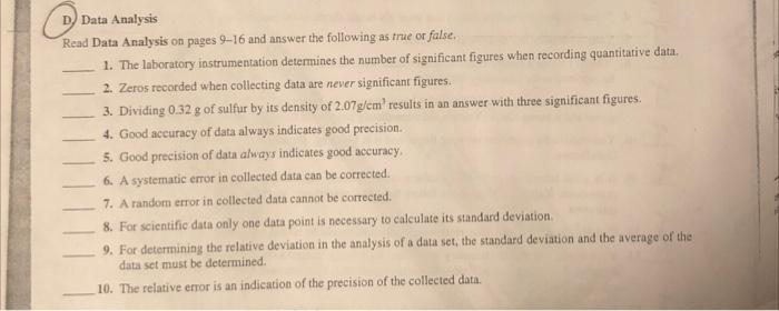T/F D) Data Analysis Read Data Analysis on pages 9-16 and answer
