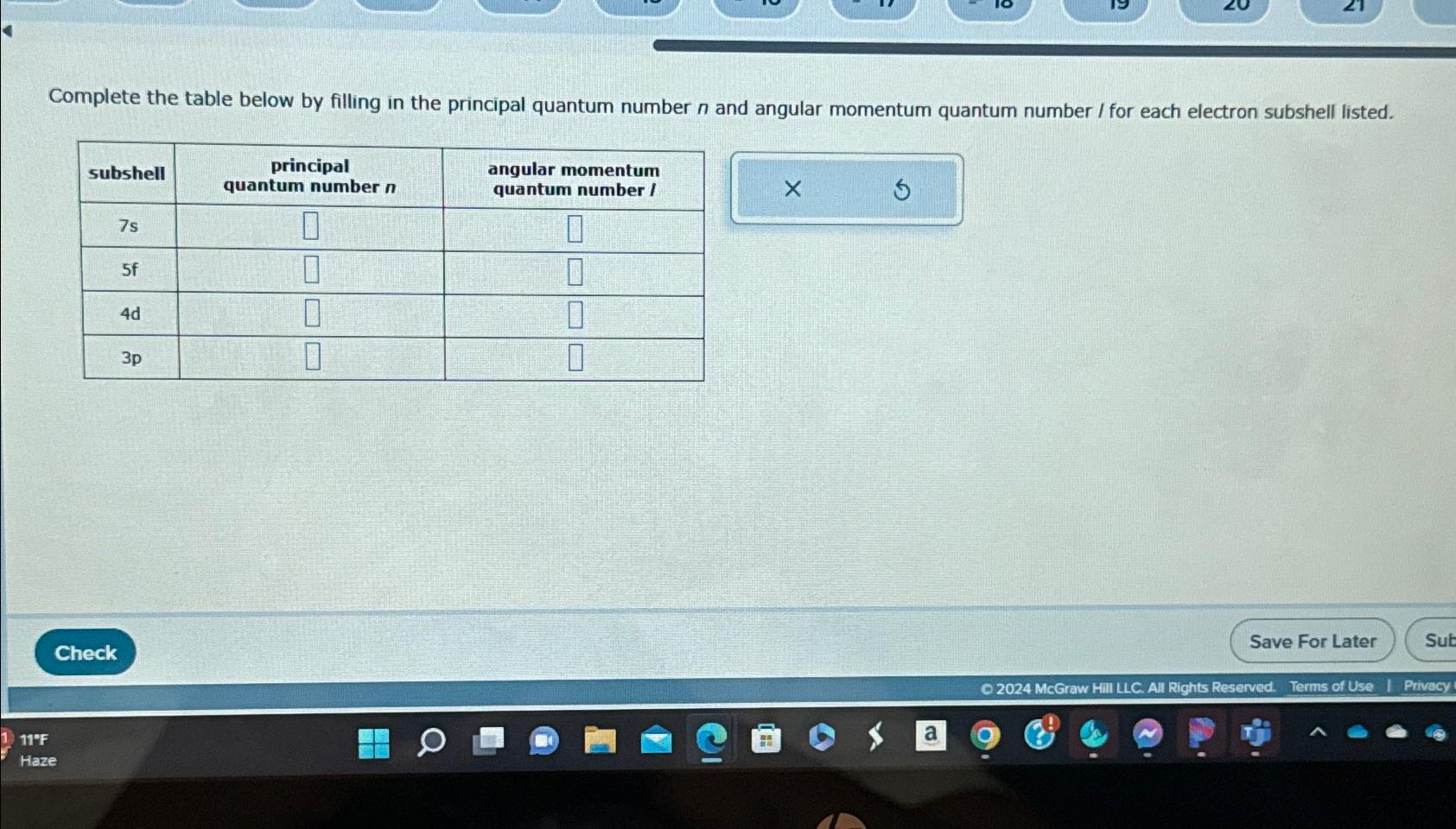  Complete the table below by filling in the principal quantum number