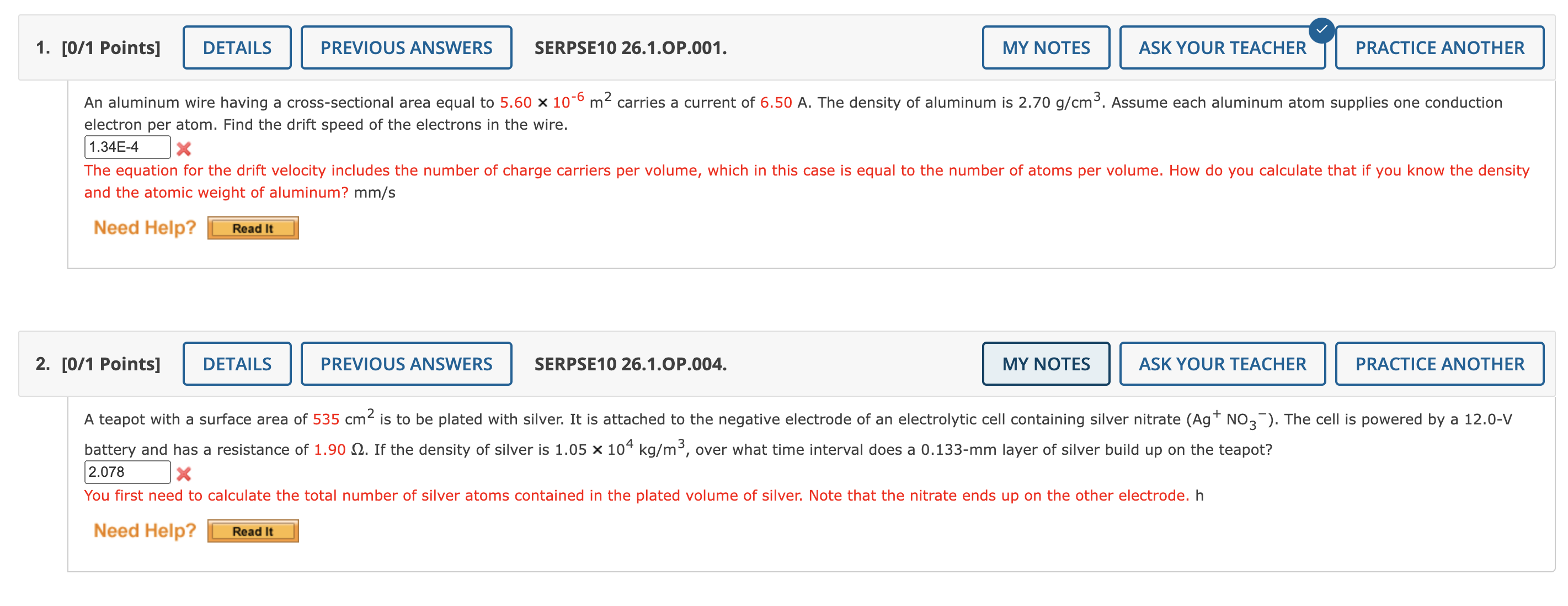  1. [0/1 Points] PREVIOUS ANSWERS SERPSE10 26.1 .OP.OO1. 2 ~/ ASK