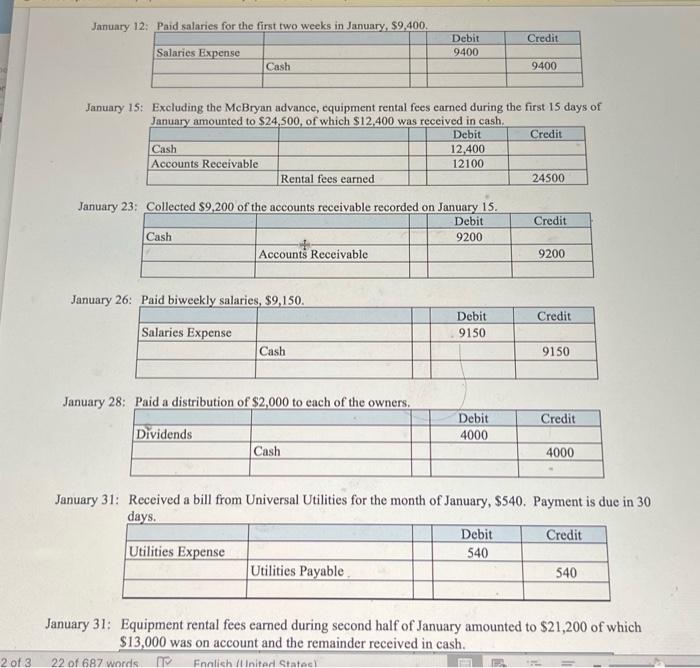 January in the space provided. 2) Post the entries to ledger accounts
