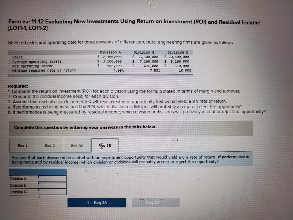 Compute the return on Investment (ROI) for each division using the formula