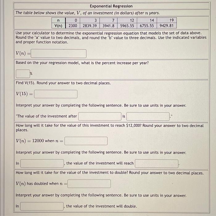 please help Exponential Regression The table below shows the value, V, of