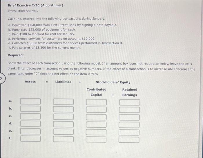  Brief Exercise 2-30 (Algorithmic) Transaction Analysis Galle Inc, entered into the