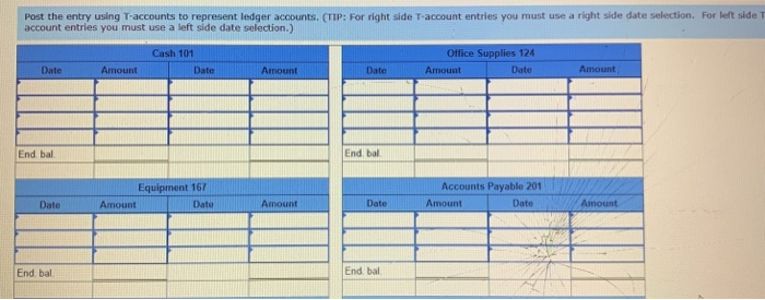 of accounts-account numbers in parentheses: Cash (101); Accounts Receivable (106); Office Supplies