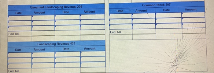 (124), Trucks (153); Equipment (167); Accounts Payable (201). Unearned Landscaping Revenue (236),