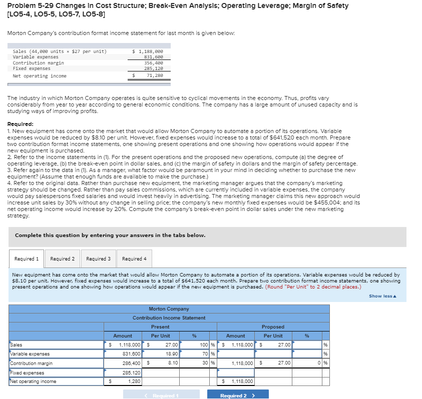 Problem 5-29 Changes in Cost Structure; Break-Even Analysis; Operating Leverage; Margin of