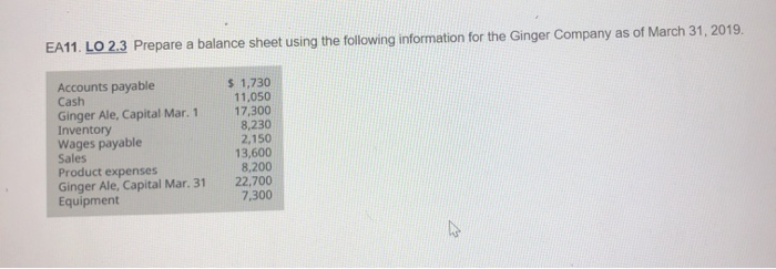  EA11. LO 2.3 Prepare a balance sheet using the following information
