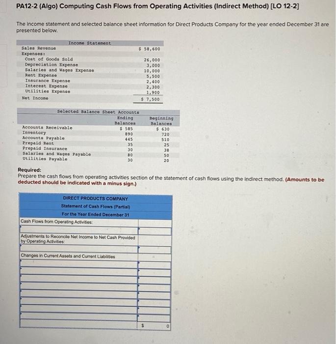 PA-12 Computing Cash Flows from Operating Activities (indirect method) PA12-2 (Algo) Computing