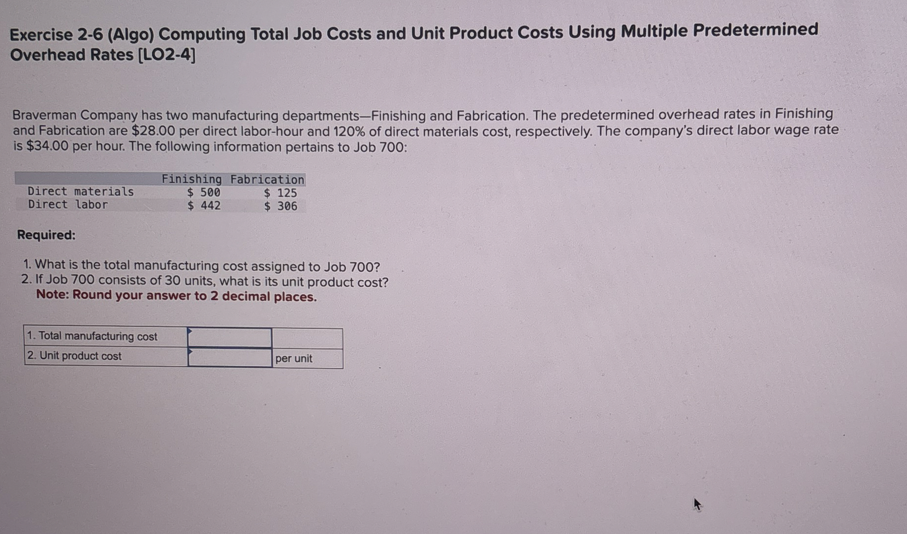  Exercise 2-6(Algo) Computing Total Job Costs and Unit Product Costs Using