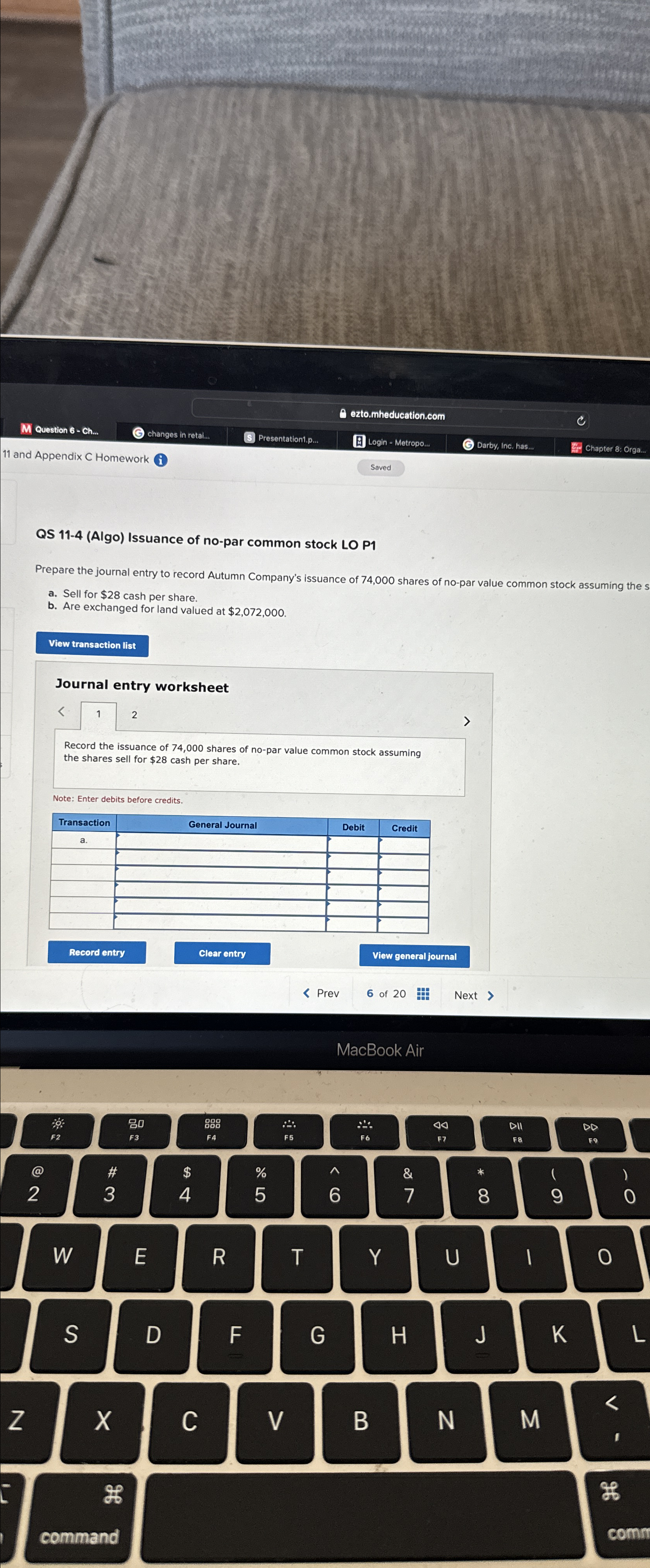  11 and Appendix C Homework i QS 11-4(Algo) Issuance of no-par