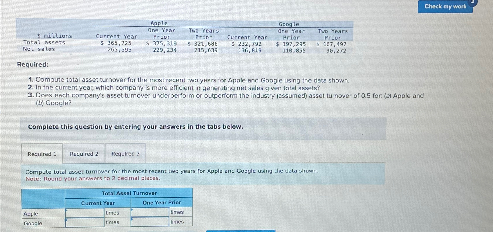  \table[[ons,Apple,Google],[Current Year,\table[[One Year],[Prior]],\table[[Two Years],[Prior]],Current Year,\table[[One Year],[Prior]],\table[[Two Years],[Prior]]],[Total assets,$365,725,$375,319,$321,686,$232,792,$ 197,295,$167,497 