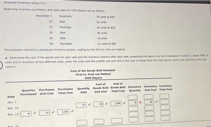 a) b) Perpetual Inventory Using FIFO Beginning inventory, purchases, and sales data