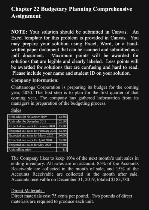 :) Chapter 22 Budgetary Planning Comprehensive Assignment NOTE: Your solution should be