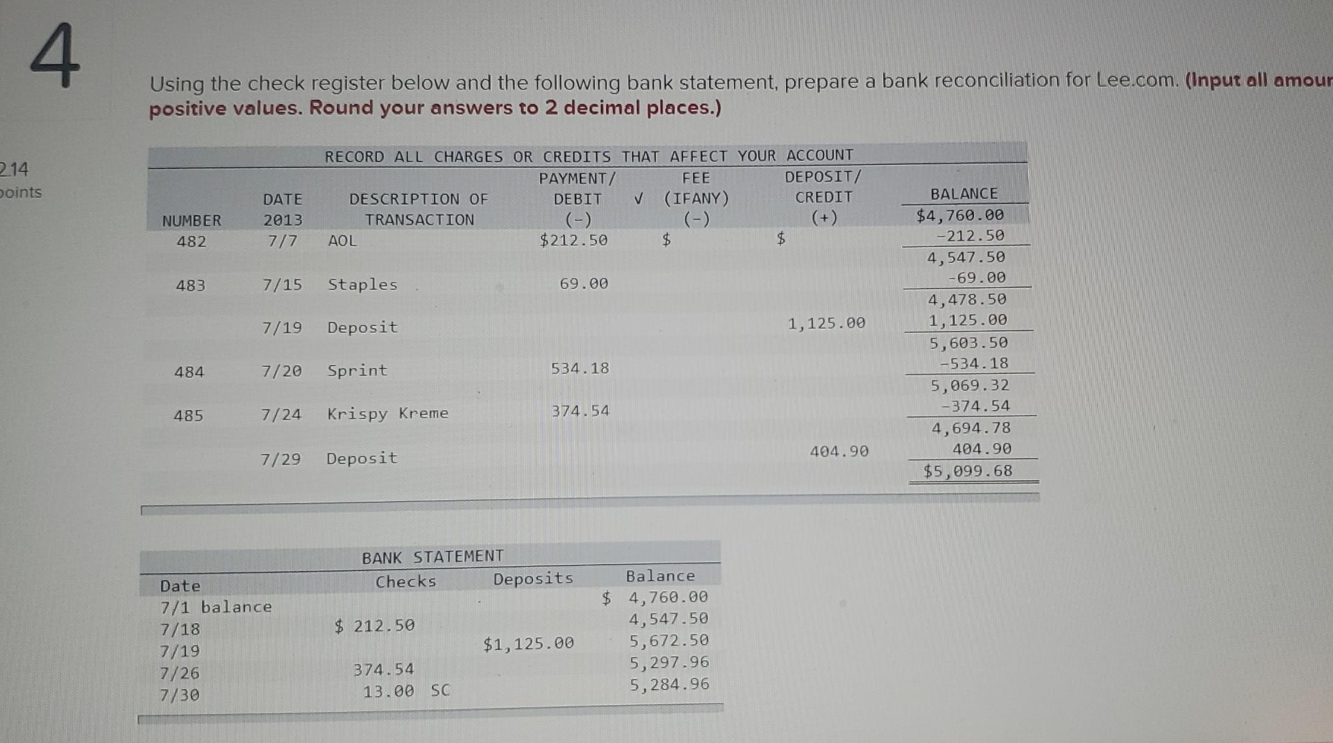 Using the check register below and the following bank statement, prepare a