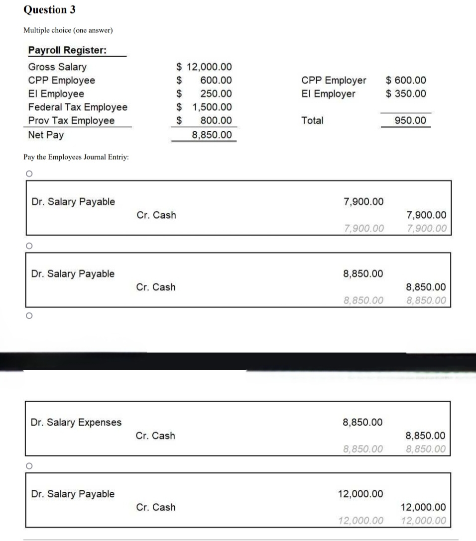  Question 3 Multiple choice (one answer) Payroll Register: \table[[Gross Salary,$ 12,000.00,,],[CPP