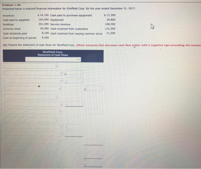  Problem 1-4A Presented below is selected financial information for Sheffield Corp.