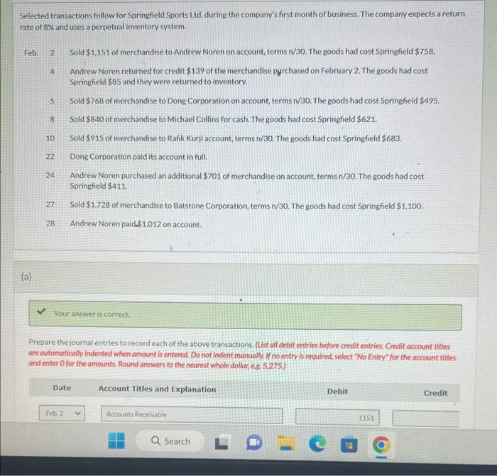 need help in part B Selected transactions follow for Springfield Sports Ltd.