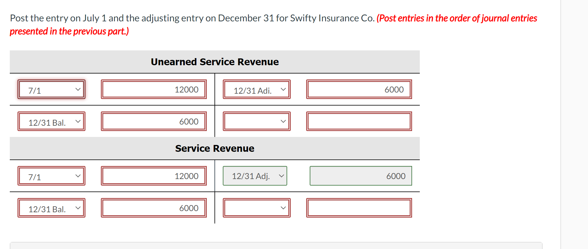 December 31 for Swifty Insurance Co. Swifty uses the accounts Unearned Service
