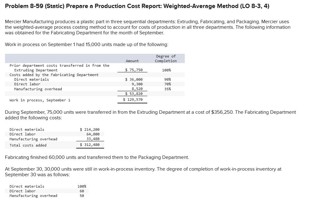 q1m4 Problem 8-59 (Static) Prepare a Production Cost Report: Weighted-Average Method (LO