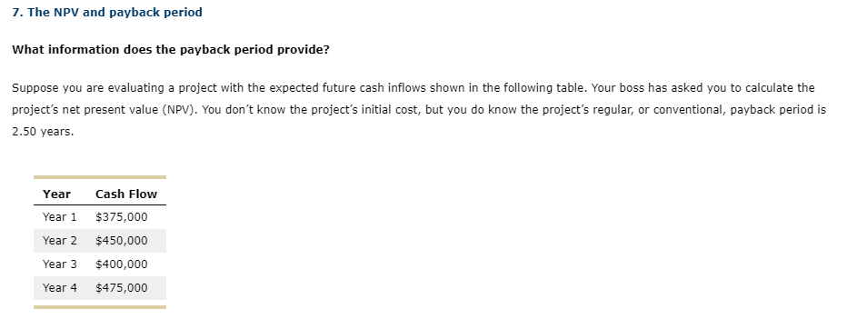  7. The NPV and payback period What information does the payback