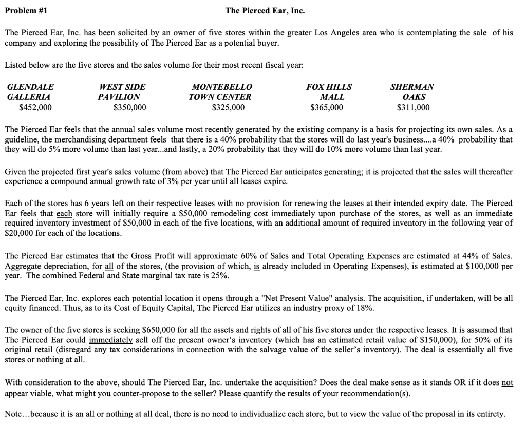 Problem #1 The Pierced Ear, Inc. The Pierced Ear, Inc. has