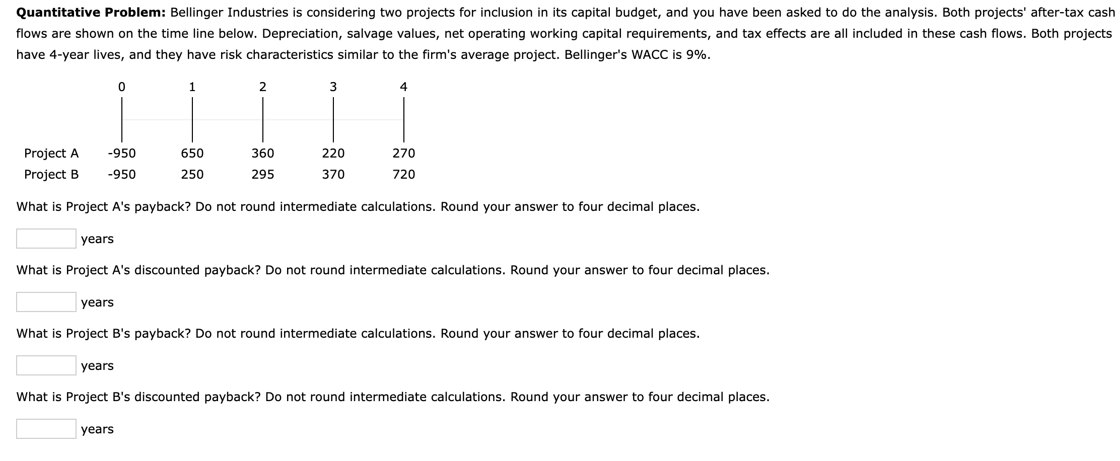 Quantitative Problem: Bellinger Industries is considering two projects for inclusion in