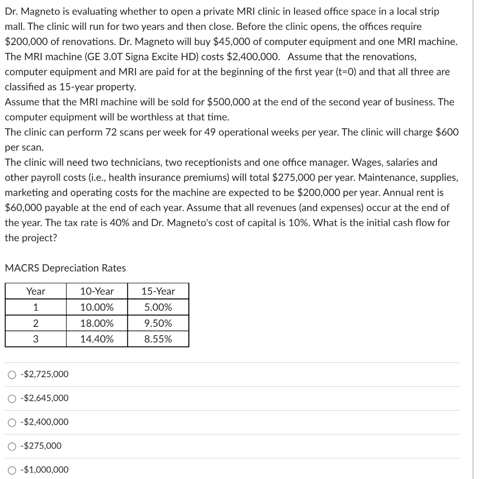  Dr. Magneto is evaluating whether to open a private MRI clinic