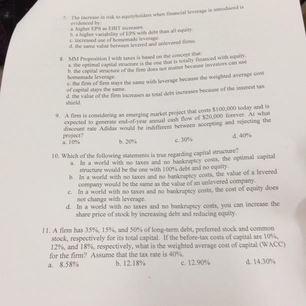  need help on these please 7. Th e increase in risk