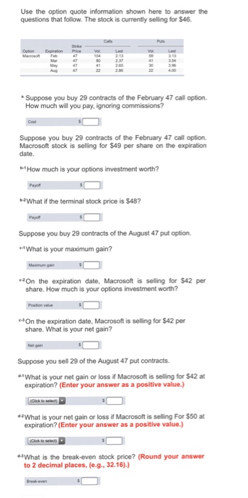  Use the option quote information shown here to answer the questions