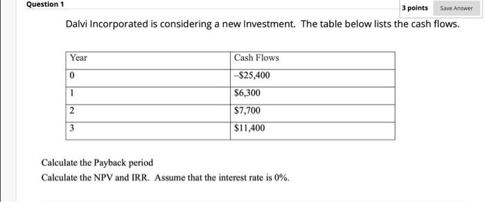  Question 1 3 points Save Answer Dalvi Incorporated is considering a