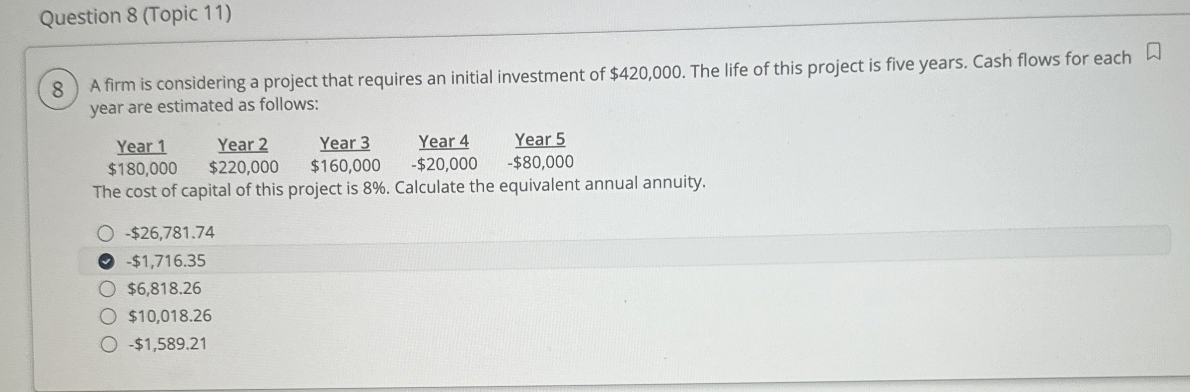  Question 8(Topic 11) A firm is considering a project that requires