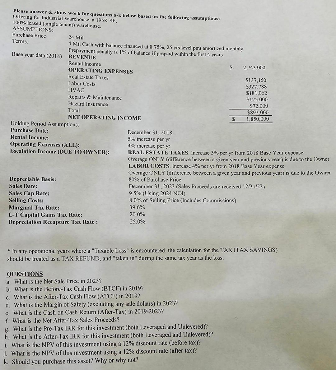  Please answer & show work for questions a-k below based on