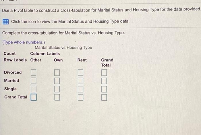  Use a PivotTable to construct a cross-tabulation for Marital Status and