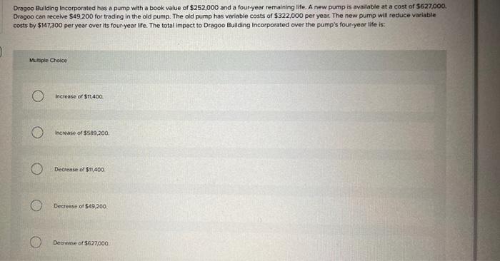 HELP PLEASEEEE!! Dragoo Building Incorporated has a pump with a book value