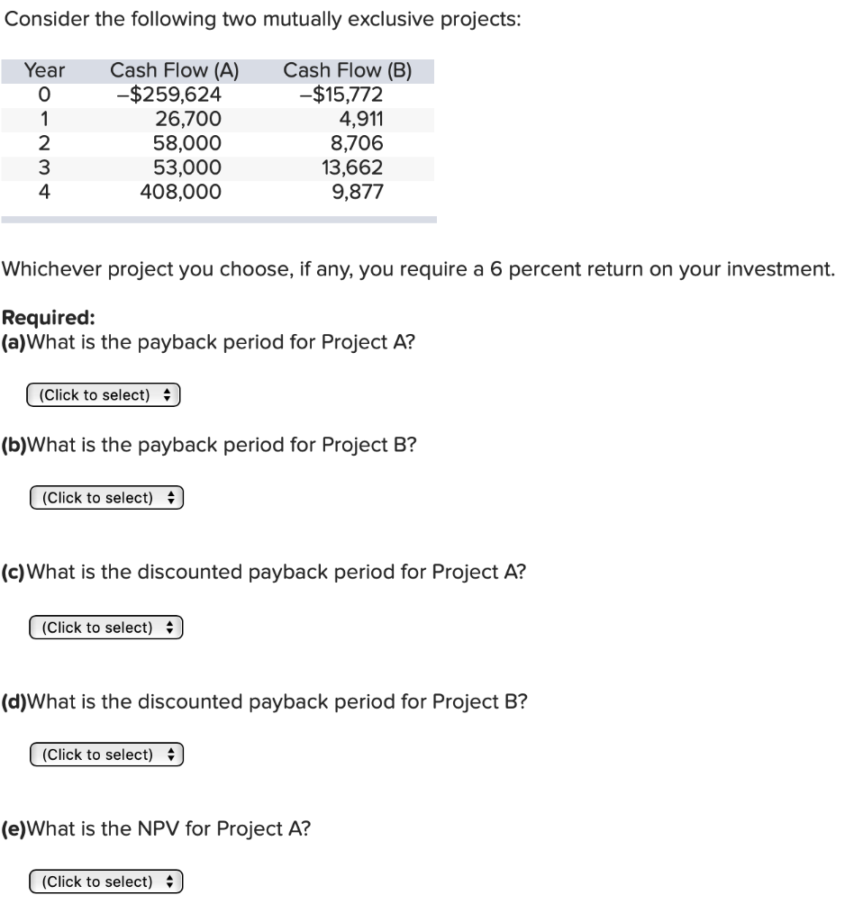 Consider the following two mutually exclusive projects: Year 1 2 3