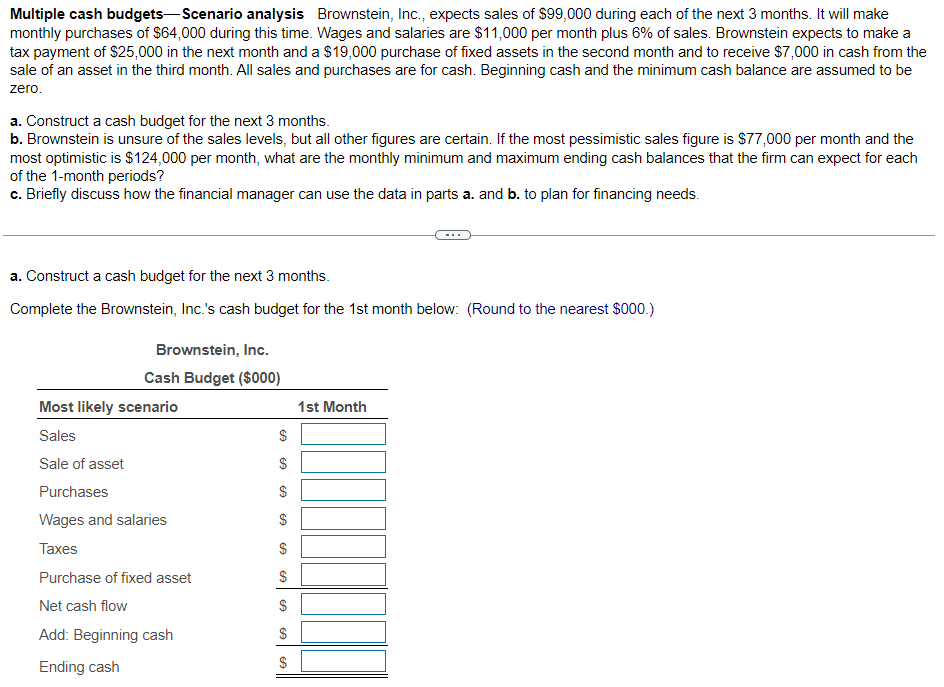 Please Help Multiple cash budgets_Scenario analysis Brownstein, Inc., expects sales of $99,000