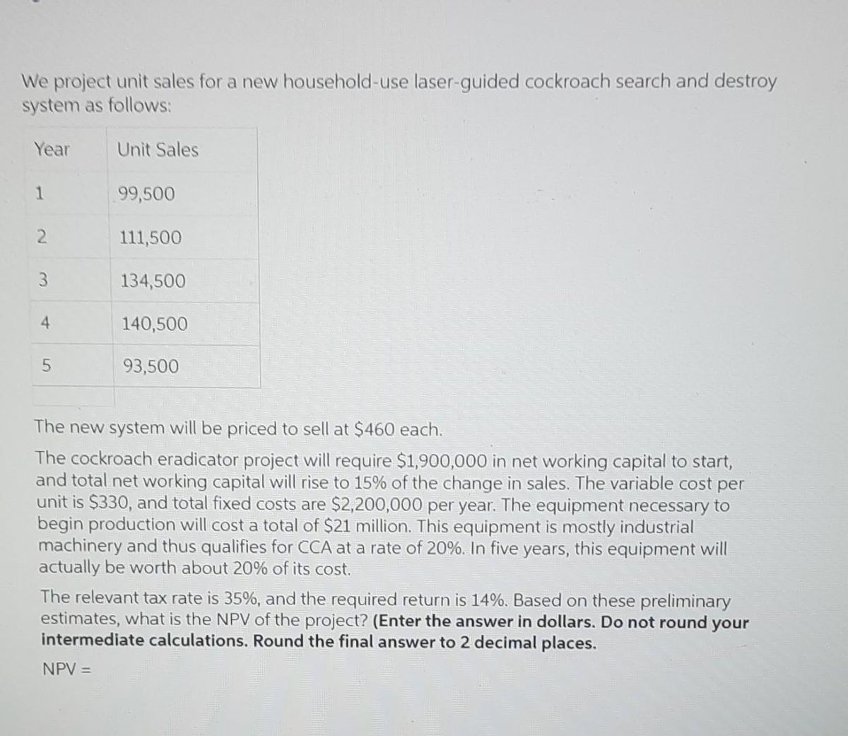  We project unit sales for a new household-use laser-guided cockroach search
