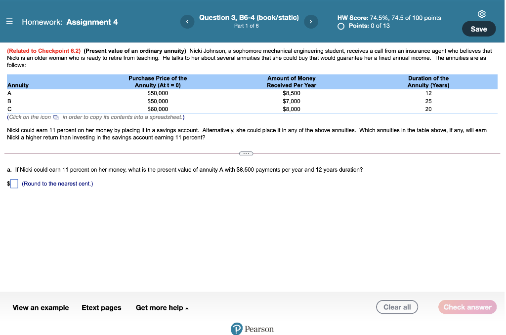  = Homework: Assignment 4 Question 3, B6-4 (book/static) Part 1 of