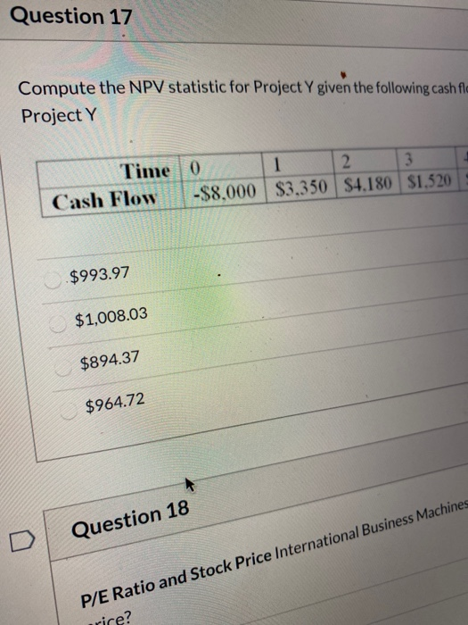  Question 17 Compute the NPV statistic for Project Y given the