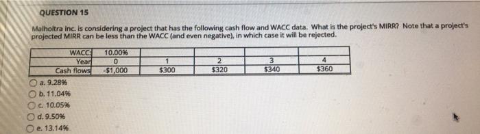  QUESTION 15 Malholtra Inc. is considering a project that has the