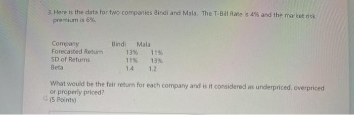  3. Here is the data for two companies Bindi and Mala.
