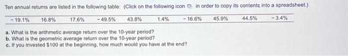  a. What is the arithmetic average retum over the 10 -year