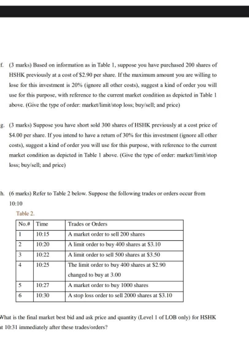  f. (3 marks) Based on information as in Table 1, suppose