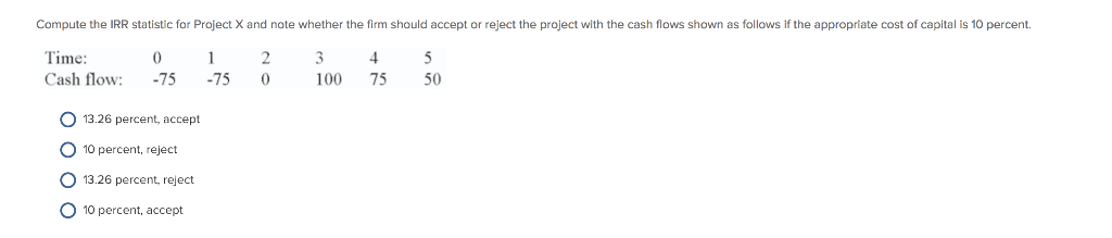 Compute the IRR statistic for Project X and note whether the