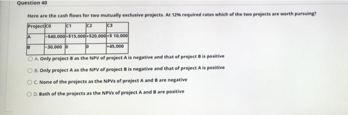  Question 40 Here are the cash flows for two mutually exclusive