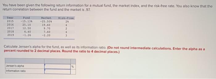  You have been given the following return information for a mutual