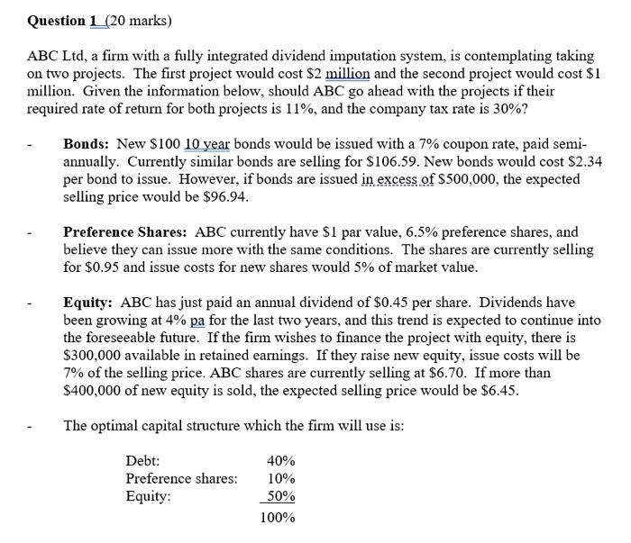  ABC Ltd, a firm with a fully integrated dividend imputation system,